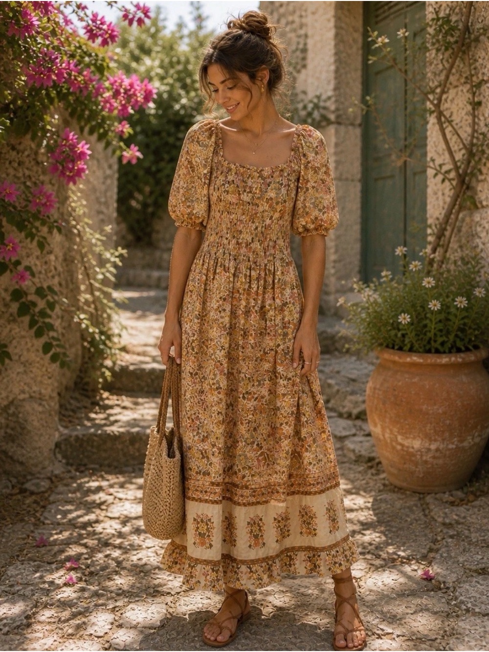 Kindred Anthropologie Boho Floral Maxi Dress Rayon, Puff Sleeve
